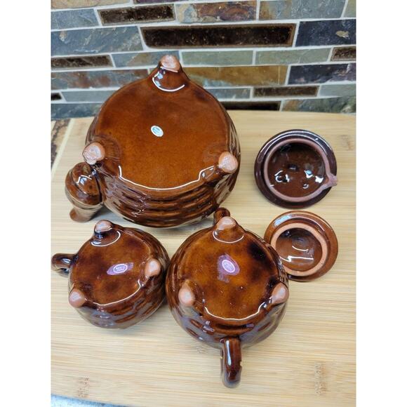 Vintage Teapot Sugar Creamer Set, Wire Handle, Brown Gold Trim, Japan Red Ware - Picture 6 of 7